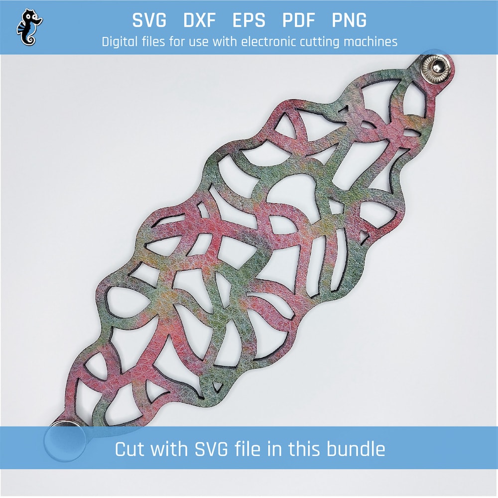 Assorted pattern bracelet bundle B21 demo 1 Example of a leather bracelet cut from an SVG design file in this bundle. The design is features a squiggly pattern.